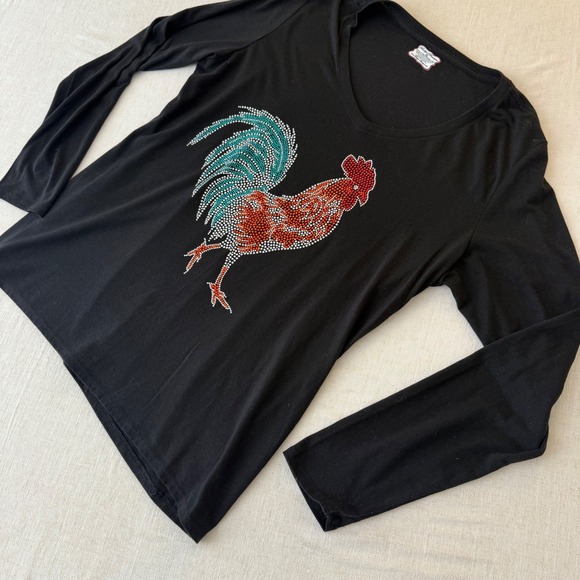 Becky's Boutique Womens XL Black Rhinestone Rooster V-Neck Long Sleeve Shirt - Picture 5 of 8